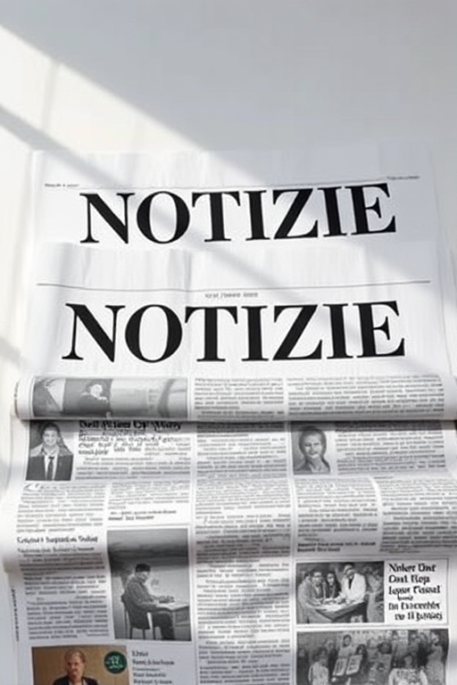 Create a high-resolution image of a newspaper with the word "NOTIZIE" prominently displayed at the top using a Canon EOS R5 camera, 50mm lens, f/1.8 aperture, ISO 100, natural lighting, and a flat lay perspective.