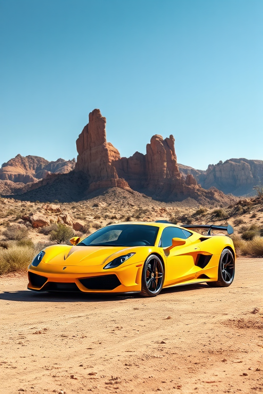 regenerate an image of a vibrant yellow sports car positioned in a desert landscape with unique rock formations in the background, use a DSLR camera with a 35mm lens, aperture set to f/2.8 for a shallow depth of field, ISO 100 for high clarity, and sunlight illuminating the scene from the left to enhance colors and shadows.