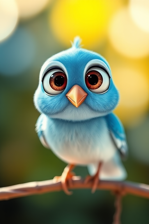 Create a cartoon-style image of a cute blue bird with big eyes and a small beak, using a shallow depth of field for a soft background, captured with a DSLR camera at f/2.8, 50mm lens, and a bright natural light setting.