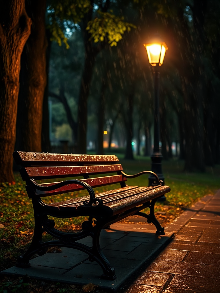 a tranquil park scene with a rain-soaked wooden bench illuminated by a vintage streetlamp surrounded by tall trees, soft focus, shot with a Canon EOS R5, 50mm lens at f/1.8, ISO 400, long exposure for a dreamy effect