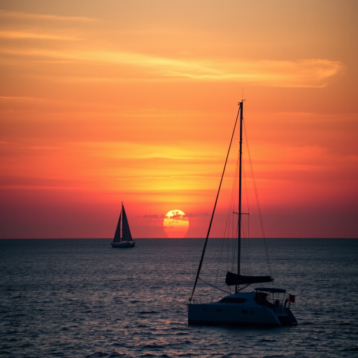 a serene sunset over the ocean with two sailboats in the distance, a catamaran in the foreground silhouetted against the vibrant orange and pink sky, taken with a Canon EOS 5D Mark IV, 24mm lens, f/8 aperture, ISO 100, and a soft focus for a dreamy effect