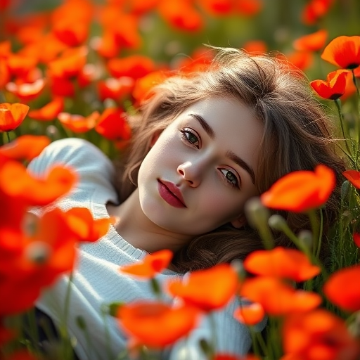 portrait of a young woman lying in a field of red poppies, soft natural light, shallow depth of field, 50mm lens, f/1.8 aperture, ISO 100, vibrant colors, Canon EOS R5