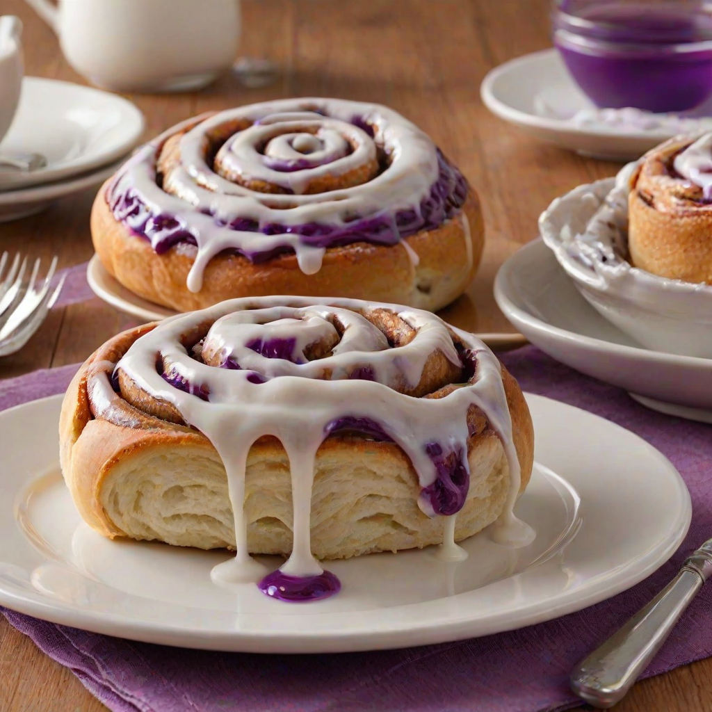 Create an image of a delicious cinnamon roll with a vibrant purple filling, topped with a generous drizzle of creamy white icing. The roll should be served on a simple white plate with a fork beside it, and in the background, there should be a baking dish filled with more cinnamon rolls. The setting should feel warm and inviting, highlighting the sweet and indulgent nature of the dessert.