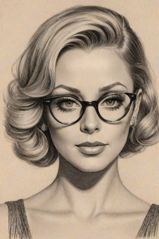 Delightful Aubrey O'Day, pencil sketch, portrait of Alluring woman 1930s in glasses, hair style beatnik, outline, clear lines, fine lines, 8k