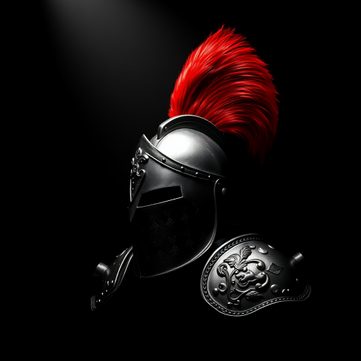 Create a high-resolution image of a stylized knight's helmet with a red plume and ornate shoulder armor, using a Canon EOS 5D Mark IV, aperture f/2.8, ISO 100, 50mm lens, shot in a dramatic spotlight against a black background.