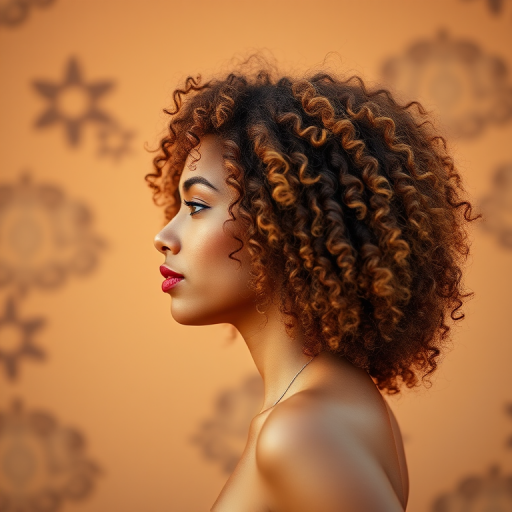Create a vibrant, high-resolution portrait of a woman in profile with expressive curly hair, using warm, earthy color tones for the background, captured with a Canon EOS R5, 50mm lens, f/1.8 aperture, ISO 100, natural light, and a soft focus style.