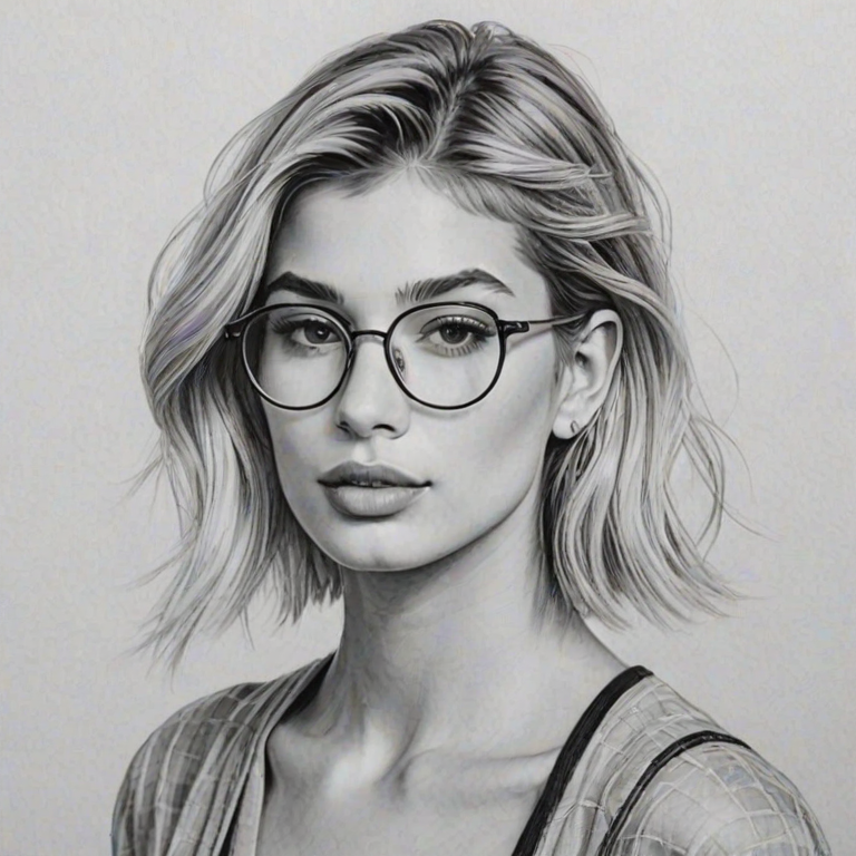 Charming Hailey Baldwin, pencil sketch, portrait of Appealing woman 1922s in glasses, hair style beatnik, outline, clear lines, fine lines, 8k