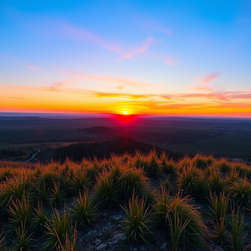Create a high-resolution image of a serene landscape at sunset with vibrant colors, using a DSLR camera with a 50mm lens, aperture set to f/8, ISO 100, and a shutter speed of 1/250s, capturing a wide-angle view for depth and clarity.