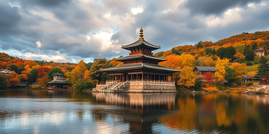 A majestic ancient temple by a serene lake surrounded by vibrant autumn foliage under dramatic clouds, captured with a Canon EOS R5, 24mm lens, f/8 aperture, 1/100 sec exposure, ISO 200, soft focus with a golden hour glow for enhanced atmosphere.