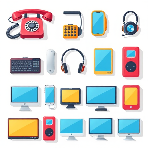 Create a vector illustration featuring various communication devices such as a rotary phone, mobile phone, headset, and computer screens arranged in a grid, using vibrant colors and clean lines, captured with a Canon EOS R5, 50mm lens, f/8 aperture, 1/125 sec shutter speed, and natural light for enhanced clarity and contrast.