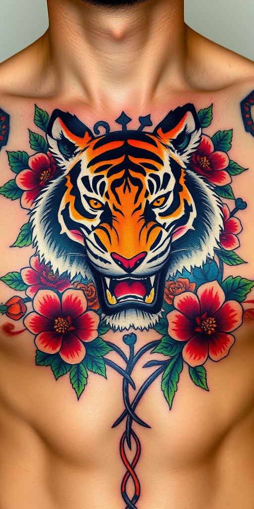 Colorful neo-traditional tattoo adorning the chest, featuring a fierce tiger surrounded by vibrant flowers and foliage, employing bold lines and saturated colors for a striking and eye-catching appearance