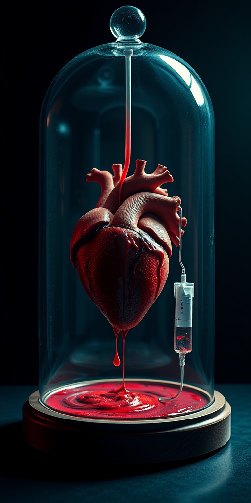 Create a dramatic digital artwork of a heart encased in a glass dome with blood dripping from it, featuring an IV drip hanging beside it, use high contrast colors, set the camera to f/2.8 aperture, ISO 100, shutter speed 1/60s, with a 50mm lens, shot from a slightly low angle to emphasize depth, use a wide-angle perspective to enhance the scene.