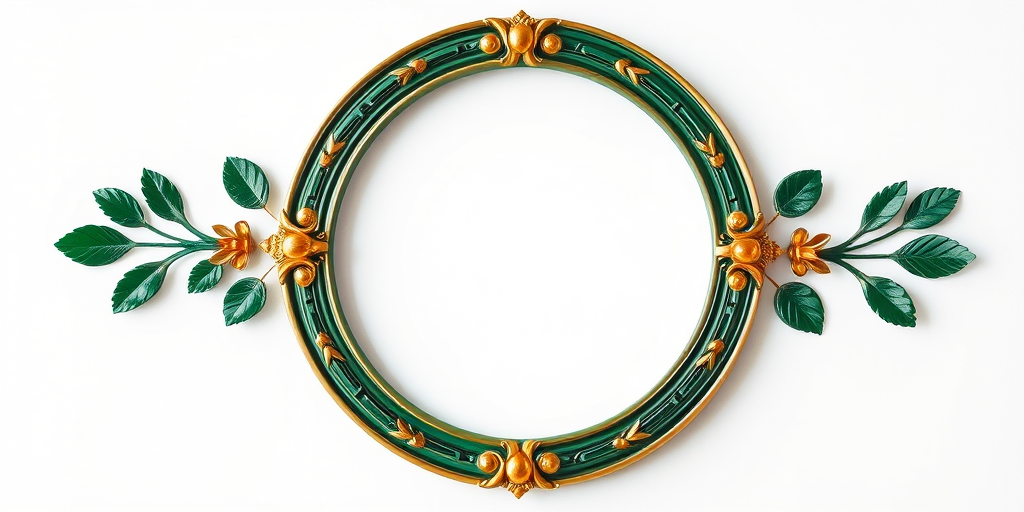 Generate a high-resolution image of a circular decorative frame with green accents and yellow gold detailing, shot with a DSLR camera at f/8 aperture, ISO 100, 50mm lens, in a studio setting with soft lighting.