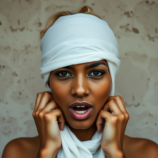 Create a close-up photographic image of a Indo-Caribbean woman with light skin tones shown against an old, worn wall. Their head is wrapped in a white cloth covering (i.e.... parts of the head except the nose and mouth, which are open as if they are screaming...), with a slight texture and visible folds in the fabric. Thin strands of blonde hair escape from the wrapping above, falling lightly at the top and sides. Their hands hold the fabric as if they are tugging nervously. The lighting is dramatic and even, casting strong shadows. The image has a minimalist and surreal style with an emphasis on simplicity with soft color tones. The composition is centered.