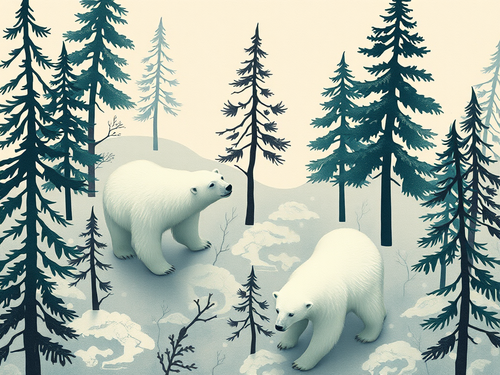 elaborate illustration of polar bears amid stylized trees in a muted color palette, focus on artistic details and texture, shot with a DSLR camera at f/8 aperture, 50mm lens, natural lighting, top-down view for enhanced depth and composition