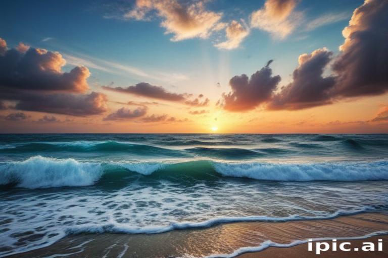 Stunning Sunrise Over the Ocean with Waves and Colorful Clouds