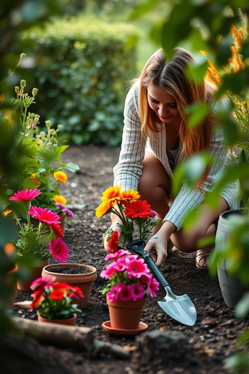 Soft-focus image of a woman gardening, kneeling in the soil, planting vibrant flowers, with pots and gardening tools softly arranged around her, framed by greenery.