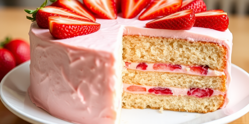 A delicious layered cake with strawberry filling and frosting topped with fresh strawberry slices on a white plate, showing a slice cut out revealing the soft, fluffy interior.