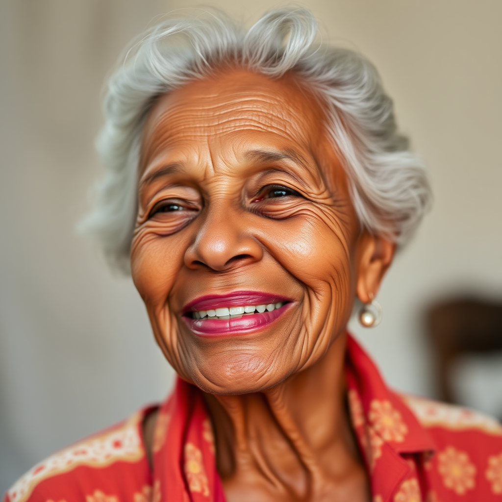 portrait of an elderly woman smiling softly, natural light, shallow depth of field, 85mm lens, f/1.8, ISO 200, capture with a DSLR camera, vibrant colors and detailed texture.