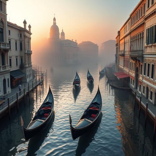 Capture a serene view of a misty canal in Venice with gondolas, reflecting buildings on the water, using a Canon EOS 5D Mark IV with a 24-70mm f/2.8 lens, aperture f/8, shutter speed 1/125s, ISO 100, shot at golden hour for warm lighting, wide-angle perspective.