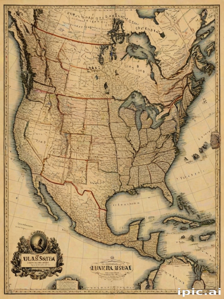 Historical Map of North America Featuring United States and Surrounding ...