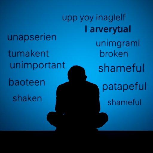 Create an image of a silhouette of a person sitting with their head down, surrounded by words like "unimportant," "broken," and "shameful" in a gradient blue background, using a Canon EOS R5 with a 50mm f/1.2 lens, aperture set to f/2.8, ISO 100, shot at a 45-degree angle to enhance depth and focus.