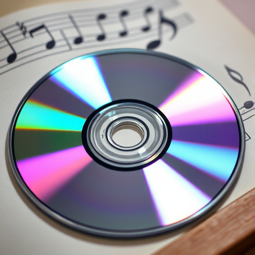 Create a high-resolution image of a CD with a reflective surface and musical notes above it, shot with a DSLR camera, 50mm lens, f/1.8 aperture, ISO 100, and soft natural lighting to enhance clarity and color vibrancy.