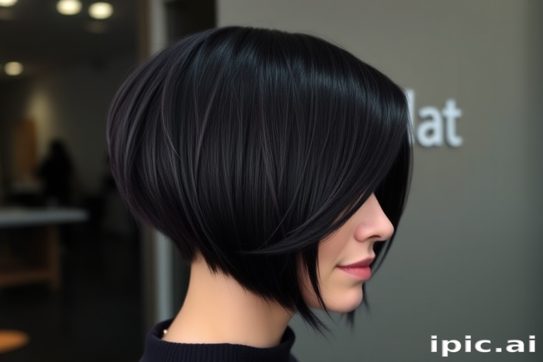 Velvet Midnight Shadow displays a rich, deep black base with subtle dark purple undertones, cut into a sleek, angular bob with razor-sharp edges