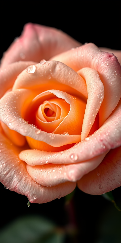 Close-up shot of a dew-covered peach rose on a black background, f/2.8 aperture, 1/200 sec shutter speed, ISO 100, 50mm lens, macro photography style, DSLR camera.