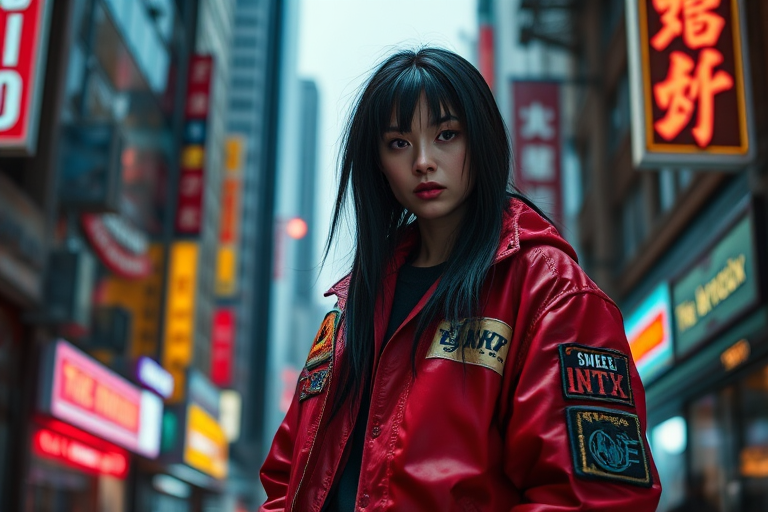 regenerate a cyberpunk character with long black hair wearing a red jacket adorned with patches, standing against a backdrop of neon-lit city buildings and signs, captured in sharp detail, using a 50mm lens, f/1.8 aperture, ISO 100, with a shallow depth of field for a cinematic effect, taken with a full-frame mirrorless camera.