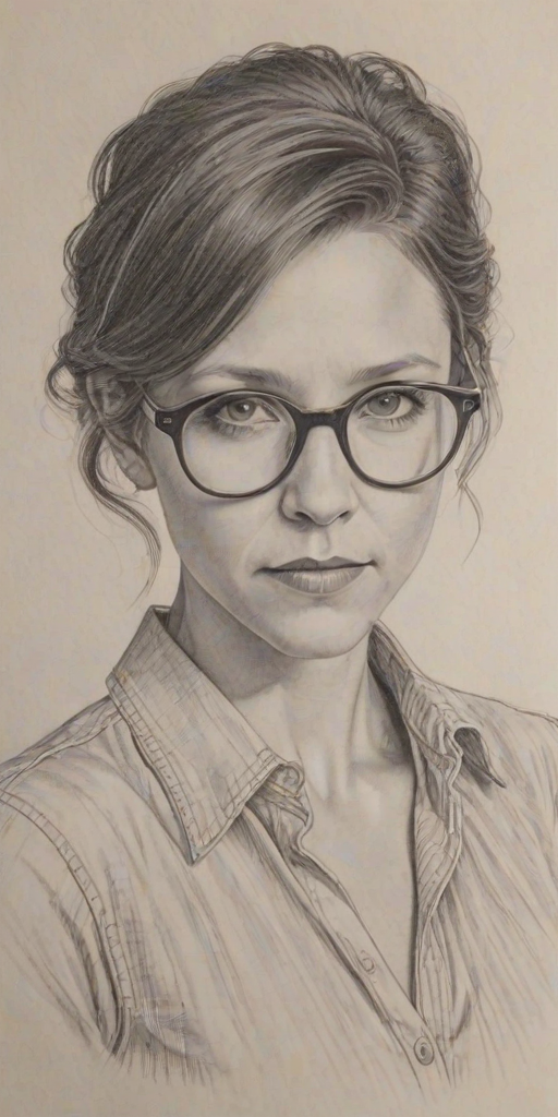Graceful Maggie Gyllenhaal, pencil sketch, portrait of Captivating woman 1976s in glasses, hair style beatnik, outline, clear lines, fine lines, 8k
