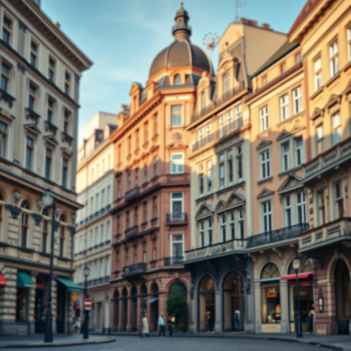 regenerate an illustration of a city scene featuring historic buildings with a vintage aesthetic, use a Canon EOS R5, 35mm lens, aperture f/8, ISO 100, soft natural lighting, with a slight tilt-shift effect to enhance depth and focus on architectural details
