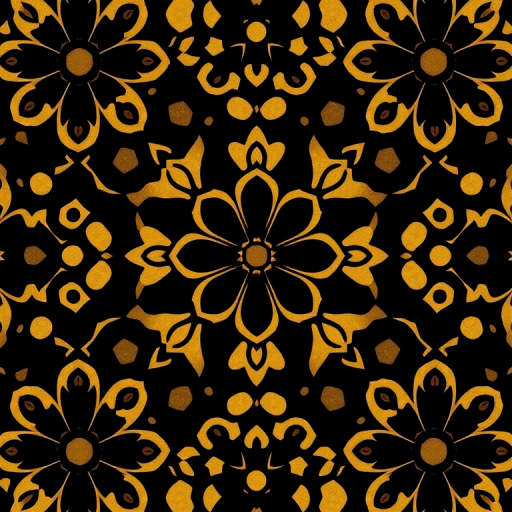 generate a high-resolution pattern of black and gold floral designs with hexagons and dots, DSLR camera, 50mm lens, f/2.8 aperture, ISO 100, top-down view, studio lighting, high dynamic range.