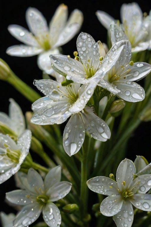 a close-up of delicate white flowers with green tips, lightly glistening with water droplets, against a dark background