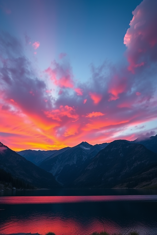 Create a high-resolution image of a serene mountain landscape during sunset, with vibrant colors in the sky and reflecting on a calm lake, shot with a Canon EOS R5, 24mm f/1.4 lens, ISO 100, aperture f/8, 1/125 sec, using a wide-angle view and HDR style.