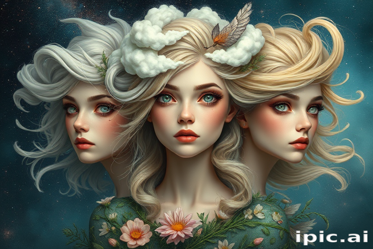 Create a series of imaginative portraits where each subject is infused with elements of fantasy and nature. The hair of the individuals should flow like clouds, varying from soft, fluffy cumulus to wispy cirrus strands, with hints of color reflecting a sunset or a clear blue sky. The eyes should be windows to entire galaxies, with stars, nebulae, and distant planets visible within them. Clothing should be adorned with nature motifs, such as floral patterns that bloom and change, vines that seem to grow and wrap around, or feathers that shimmer with iridescence. Each portrait should capture a unique personality, blending human features with the ethereal beauty of the natural and cosmic world. The backgrounds can vary, from starry night skies to enchanted forests, adding depth and context to the magical realism of the portraits