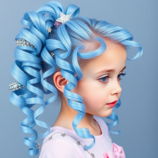 Whimsical cotton candy blue curls styled in a high ponytail with cascading ringlets and star-shaped glitter accents, known as "Stardust Dreamer" evoking childlike wonder and imagination