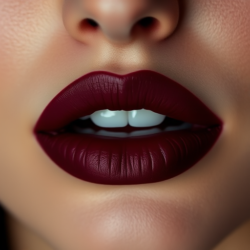 Seductive woman lips painted in deep burgundy matte, rich and velvety texture, slightly parted, exuding mystery and allure
