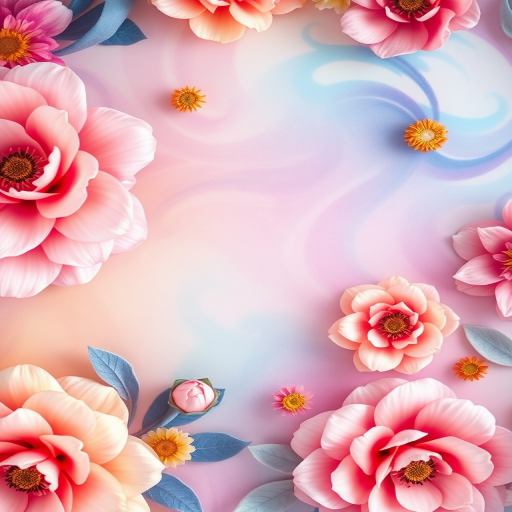 Create a vibrant floral background with intricate swirls and soft gradients, focusing on pastel colors and enhancing details with a DSLR camera set to f/2.8 aperture, 65mm focal length, and 1/125 sec shutter speed, capturing a soft focus style from a top-down view.