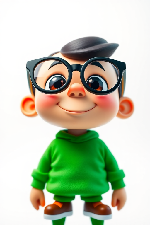 Create a vibrant cartoon character with oversized glasses and a playful expression, wearing a green outfit, captured in a bright studio setting using a DSLR camera with a 50mm lens at f/2.8, ISO 100, and a shallow depth of field for a crisp, focused appearance.