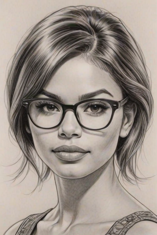 Superb Jennifer Freeman, pencil sketch, portrait of Enchanting woman 1964s in glasses, hair style beatnik, outline, clear lines, fine lines, 8k