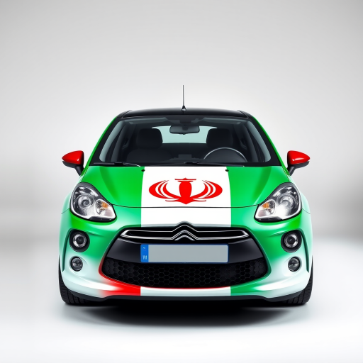 Generate an image of a car with a design featuring the flags of Italy and Iran, shot in a studio with a Canon EOS R5, 50mm lens, f/1.8 aperture, ISO 100, under softbox lighting, and a frontal view to enhance the color and detail.