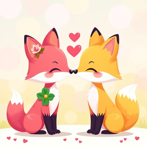 Create a vibrant and playful illustration of two cartoon foxes, one pink with a flower and one yellow, facing each other with hearts above their noses, using a Canon EOS 5D Mark IV, aperture f/2.8, ISO 100, focusing on the characters with a soft bokeh background.