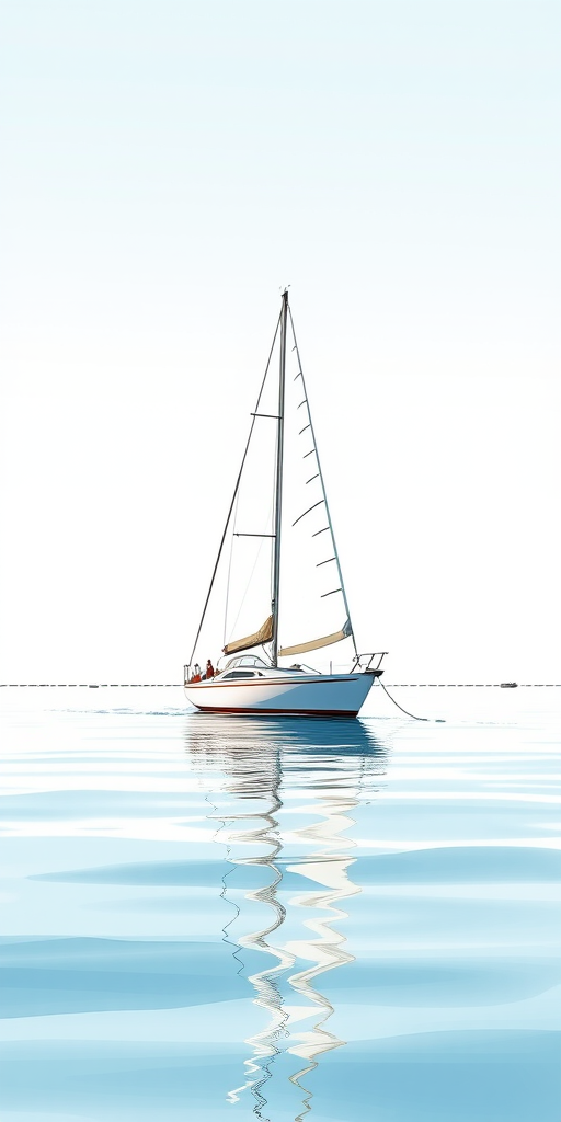 regenerate a detailed illustration of a sailboat sailing on calm waters with a clear sky, using a DSLR camera with a 50mm lens at f/8, ISO 100, and a shutter speed of 1/200s, shot from a low angle to emphasize the sailboat and capture the reflection on the water, in a realistic sketch style
