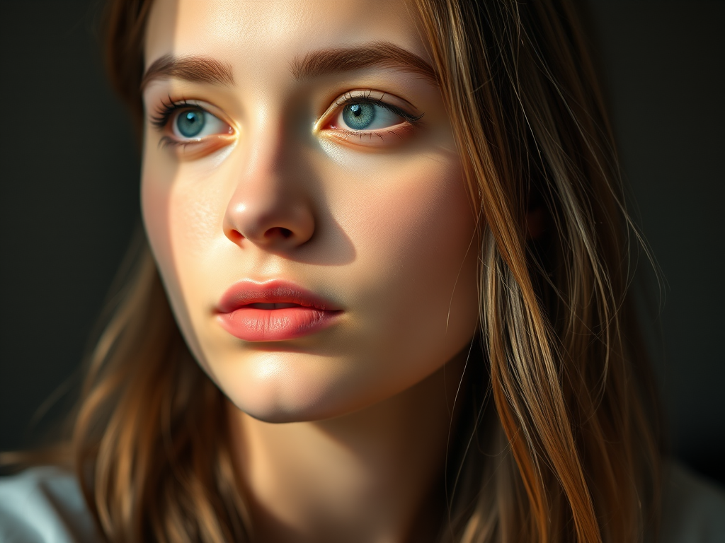 portrait of a young woman with soft lighting and thoughtful expression, natural light, aperture f/1.8, ISO 100, 85mm lens, shallow depth of field, captured with a DSLR camera