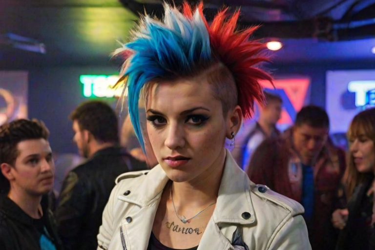 A punk rock woman with red and blue mohawk hair, white leather jacket with a Tesco Value logo patch on the arm, in a crowded night club with a neon Tesco Value logo sign and the text "nightclub" below it,  neon laser lights