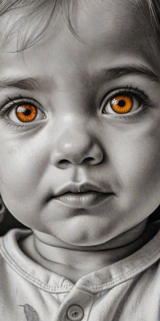 A hyperdetailed photorealistic black and white sketch of a beautiful toddler with deep orange eyes, with a macro focus