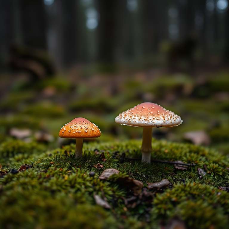 mushroom on mossy ground in a forest, shallow depth of field, f/2.8, ISO 100, 1/200s, 50mm lens, DSLR camera, soft natural lighting, muted colors, vertical composition