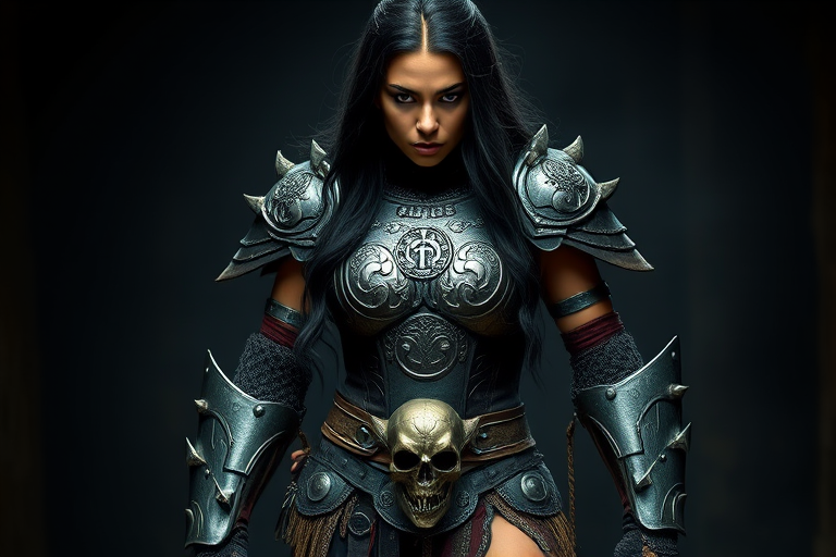 Create a photo of a fierce Metis female warrior with long black hair, wearing an ornate, metallic armor. The armor includes a breastplate with intricate designs, shoulder guards, and gauntlets. The breastplate is decorated with a central emblem, possibly representing a mythical symbol, and has a sculpted, form-fitting design. She wears a belt with a large skull ornament at the center, and her armor extends into a partial skirt, revealing one leg. The overall look is both protective and stylish, with a dark, gothic aesthetic. The background is dimly lit, suggesting a medieval or fantasy setting, enhancing the warrior's imposing presence and intense expression.