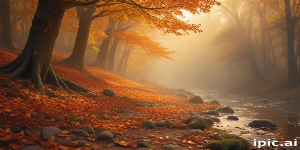 Autumn Serenity: A Tranquil Forest Stream Surrounded by Golden Leaves